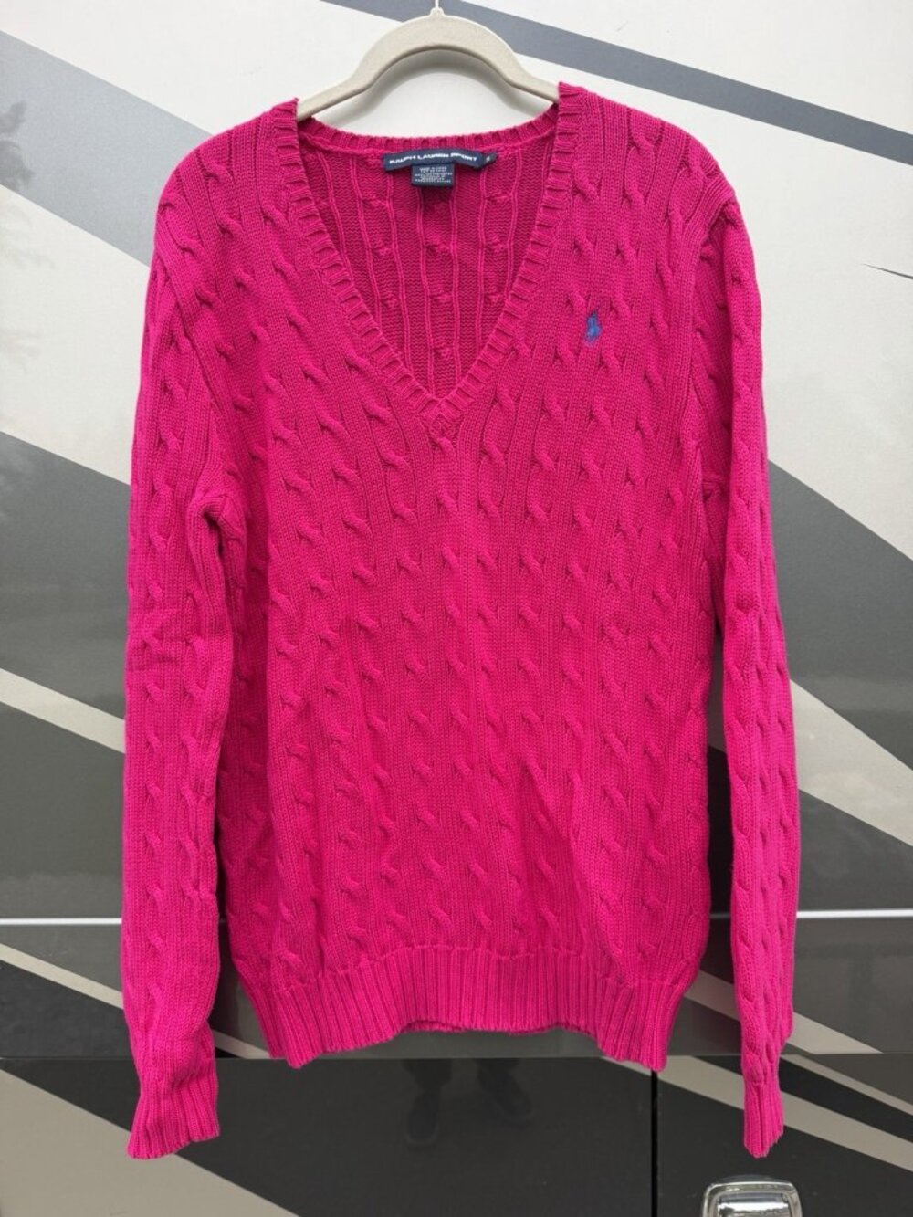 Vintage 90s Ralph Lauren Sport hot pink cable-knit preppy varsity sweater XL